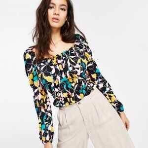 BAR III Cropped Square Neck Floral Blouse Long Sleeve Shirred Bodice Size L